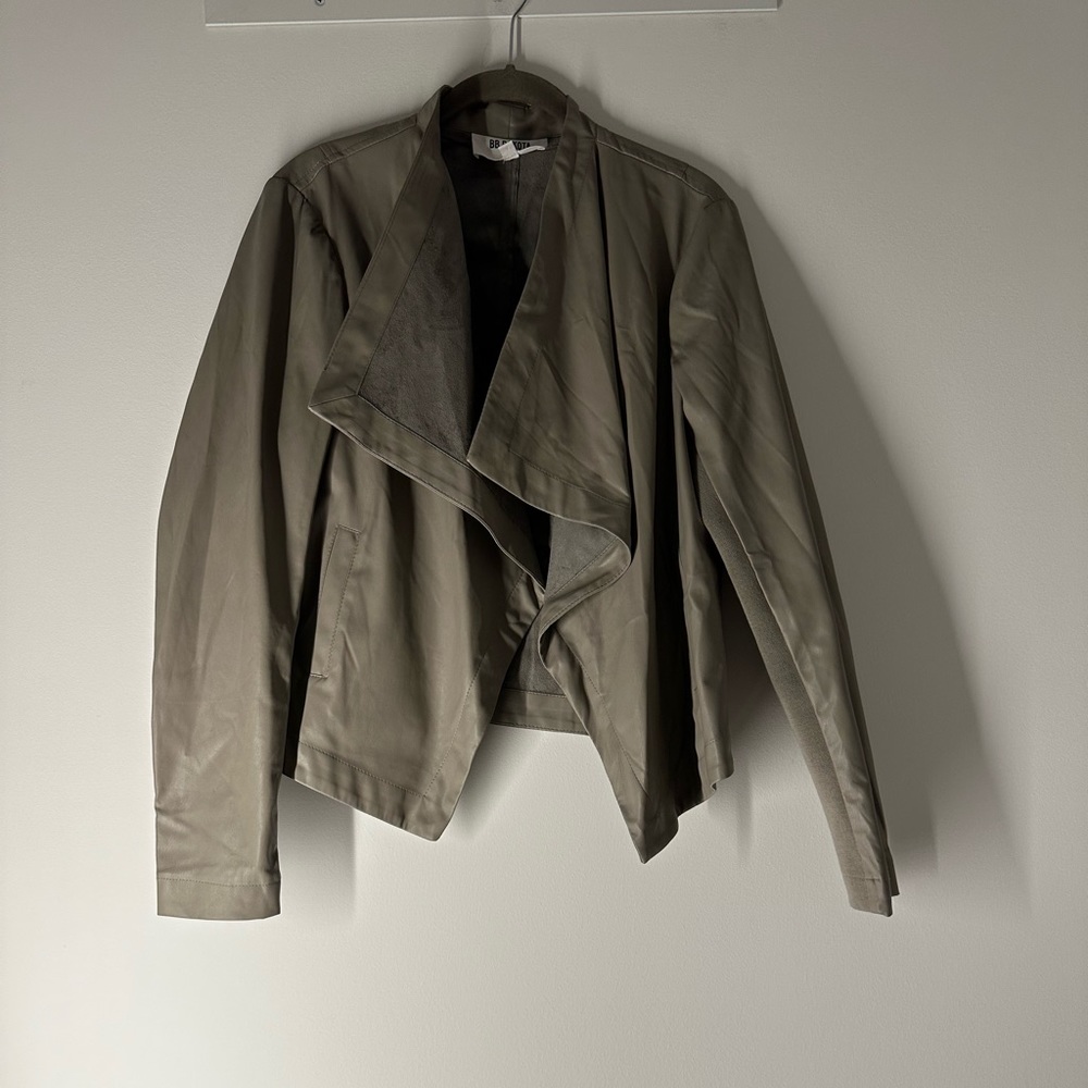 BB Dakota Draped Faux Leather Jacket in Taupe, size: L
